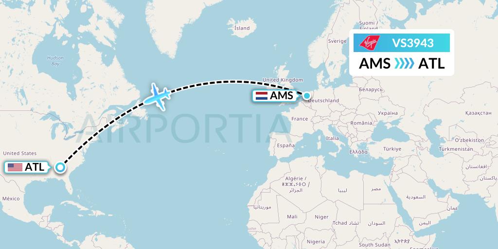 VS3943 Virgin Atlantic Airways Flight Map: Amsterdam to Atlanta