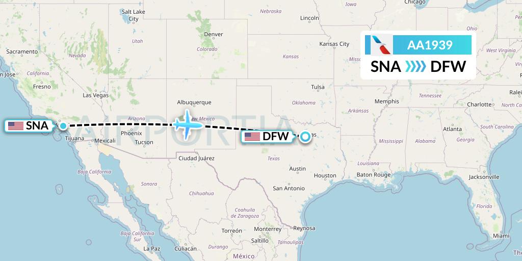 AA1939 American Airlines Flight Map: Orange County to Dallas
