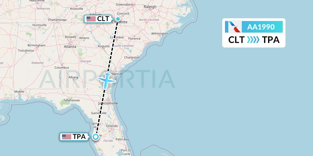 AA1990 American Airlines Flight Map: Charlotte to Tampa