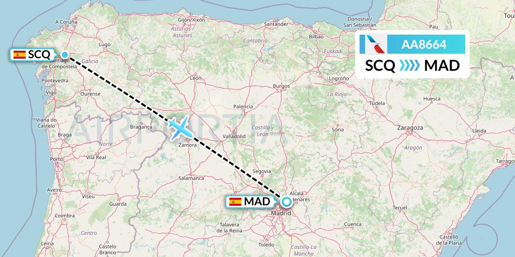 AA8664 American Airlines Flight Map: Santiago to Madrid