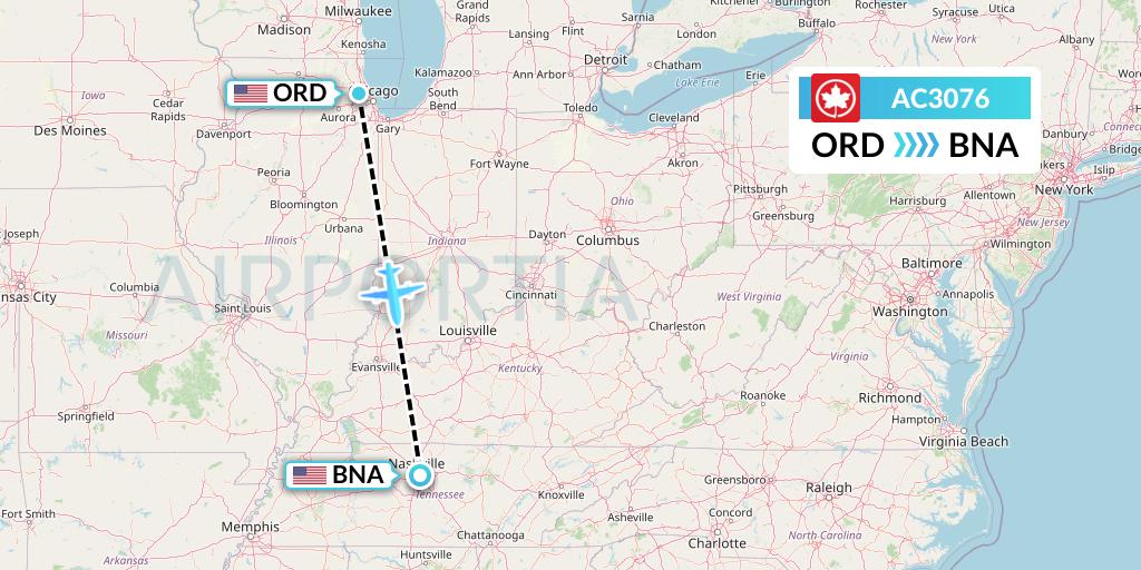 AC3076 Air Canada Flight Map: Chicago to Nashville