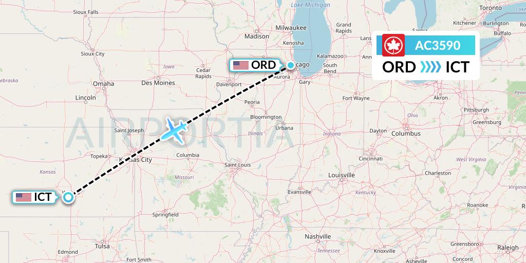 AC3590 Air Canada Flight Map: Chicago to Wichita