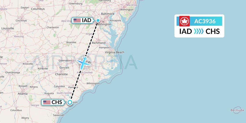 AC3936 Air Canada Flight Map: Washington to Charleston