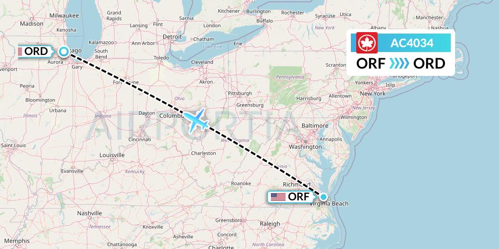 AC4034 Air Canada Flight Map: Norfolk to Chicago