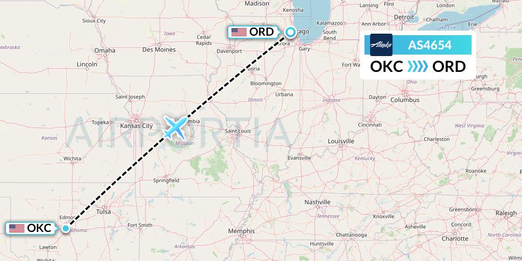 AS4654 Alaska Airlines Flight Map: Oklahoma City to Chicago