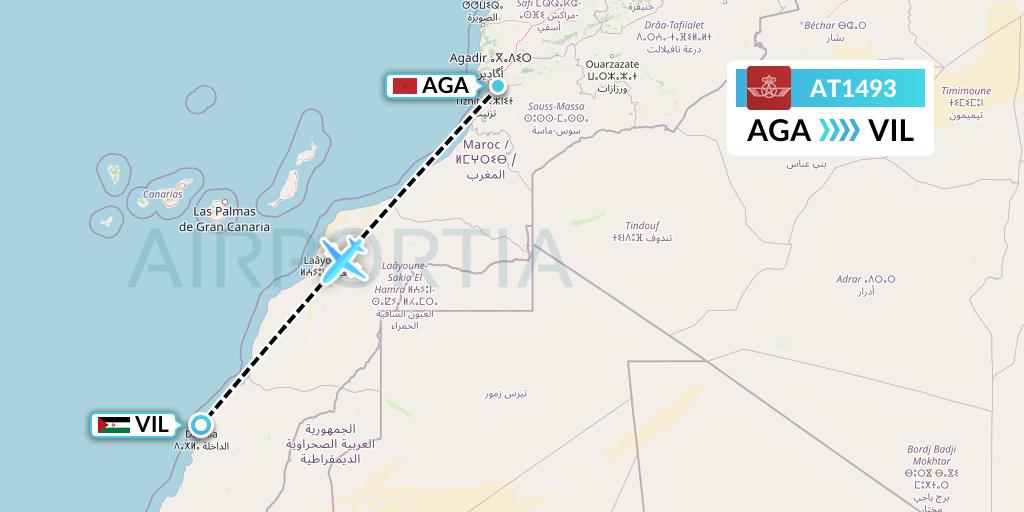 AT1493 Royal Air Maroc Flight Map: Agadir to Dakhla