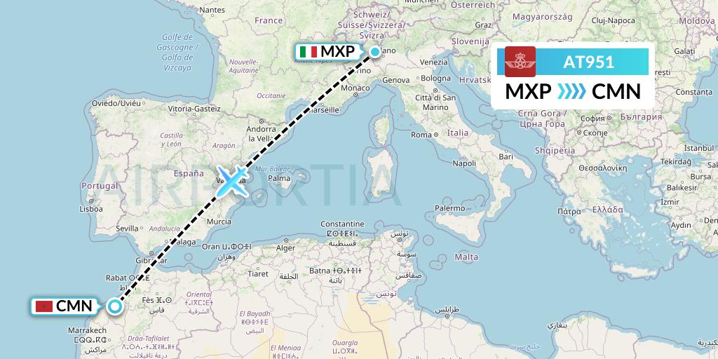 AT951 Royal Air Maroc Flight Map: Milan to Casablanca