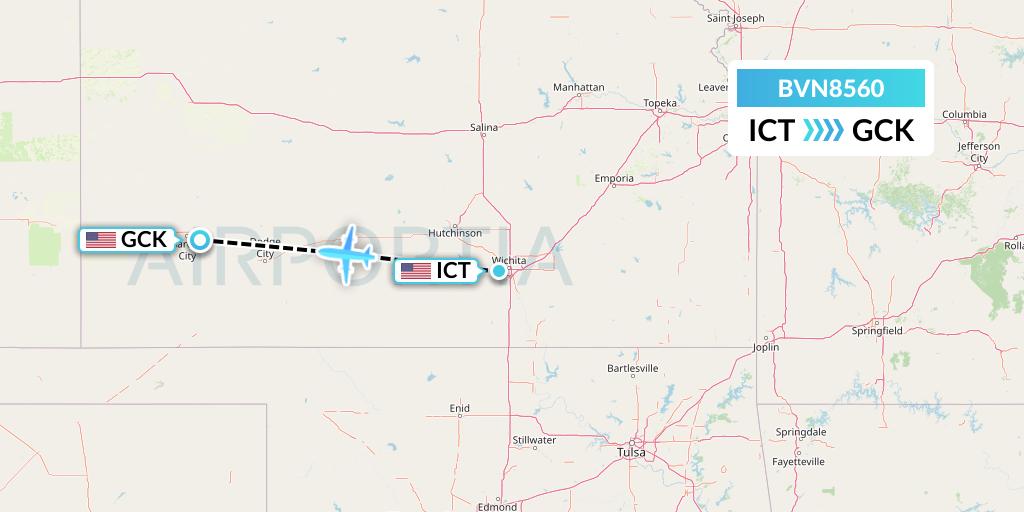 BVN8560 Baron Aviation Services Flight Map: Wichita to Garden City