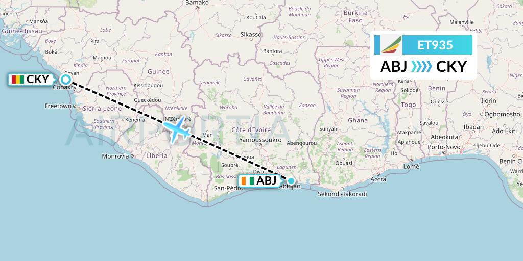 ET935 Ethiopian Airlines Flight Map: Abidjan to Conakry