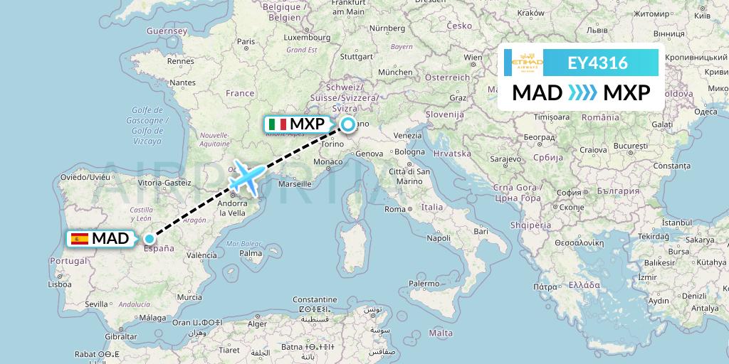 EY4316 Etihad Airways Flight Map: Madrid to Milan