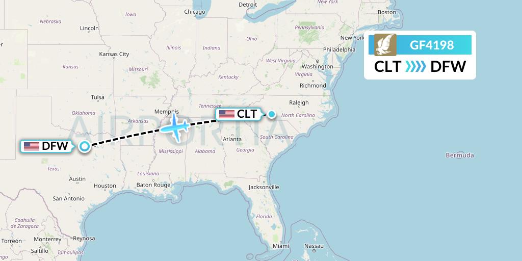 GF4198 Gulf Air Flight Map: Charlotte to Dallas
