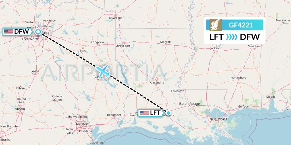 GF4221 Gulf Air Flight Map: Lafayette to Dallas