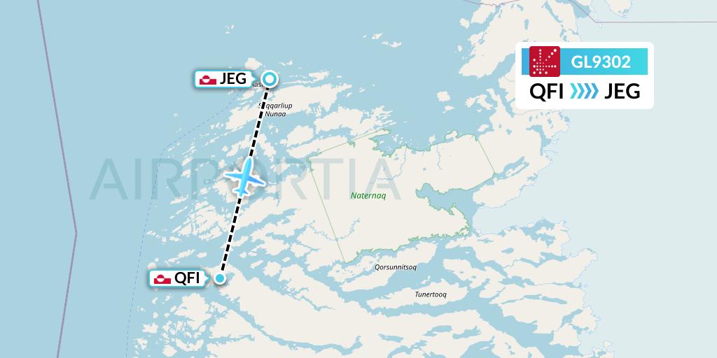 GL9302 Air Greenland Flight Map: Iginniarfik to Aasiaat