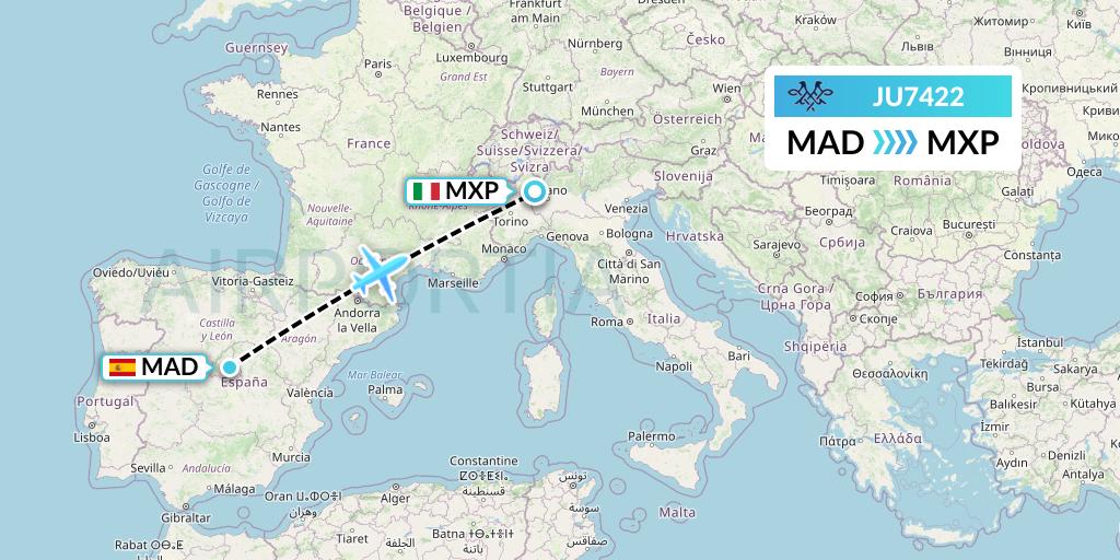 JU7422 AirSERBIA Flight Map: Madrid to Milan