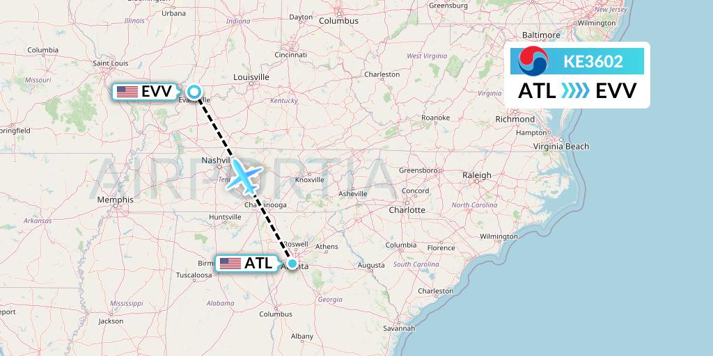 KE3602 Korean Air Flight Map: Atlanta to Evansville