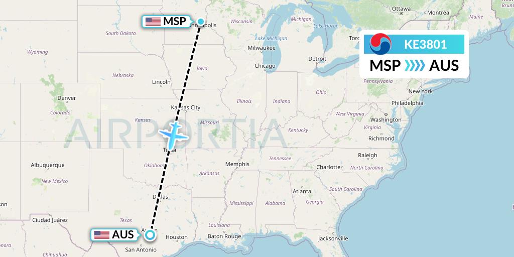 KE3801 Korean Air Flight Map: Minneapolis to Austin