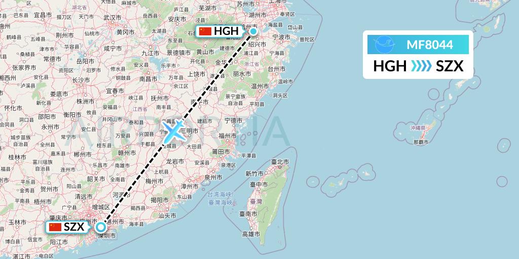 MF8044 Xiamen Airlines Flight Map: Hangzhou to Shenzhen