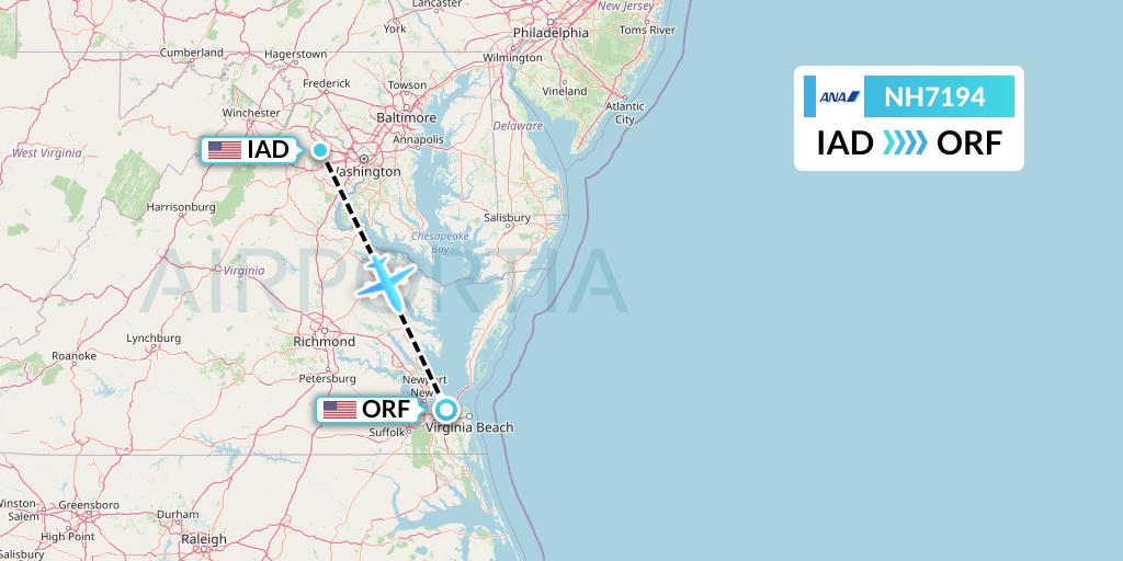 NH7194 All Nippon Airways Flight Map: Washington to Norfolk