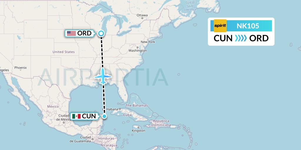 NK105 Spirit Airlines Flight Map: Cancun to Chicago