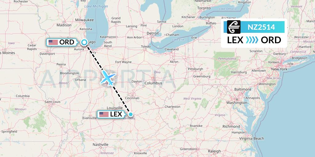 NZ2514 Air New Zealand Flight Map: Lexington to Chicago
