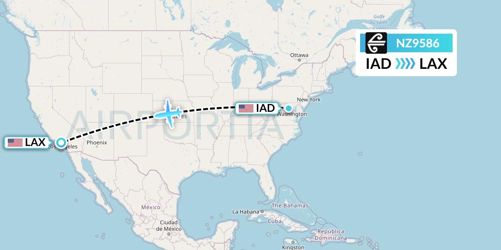 NZ9586 Air New Zealand Flight Map: Washington to Los Angeles