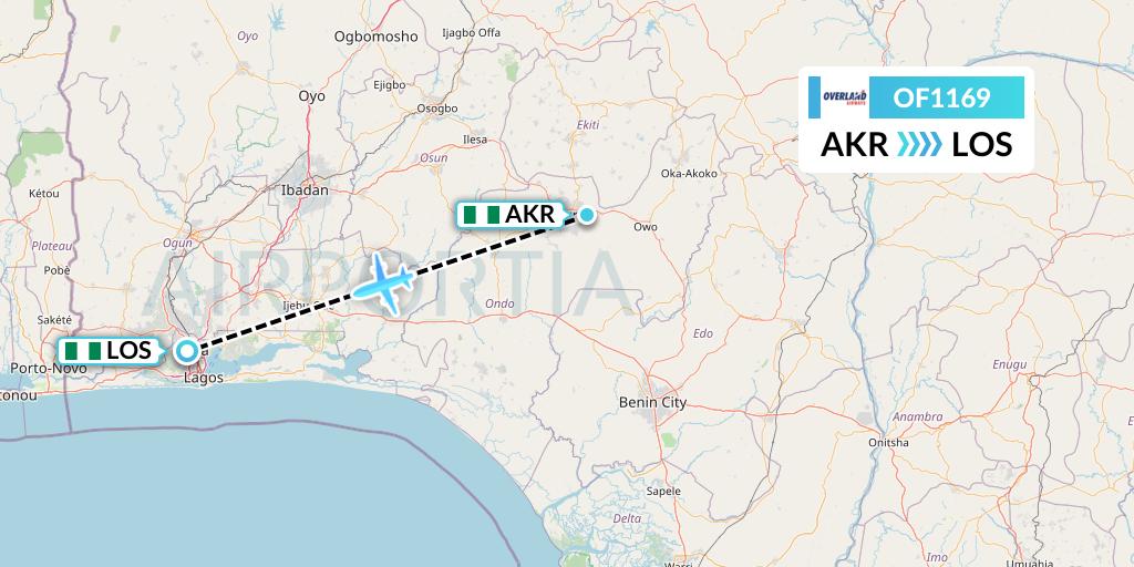 OF1169 Overland Airways Flight Map: Akure to Lagos