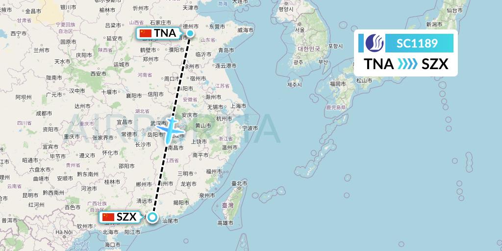 SC1189 Shandong Airlines Flight Map: Jinan to Shenzhen