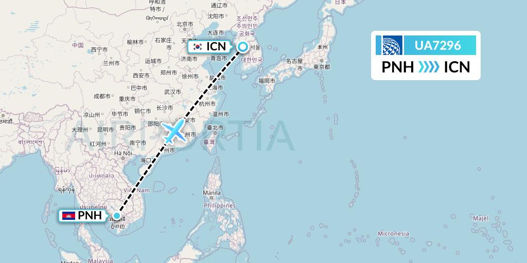 UA7296 United Airlines Flight Map: Phnom Penh to Seoul