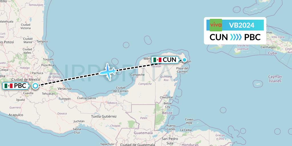 VB2024 VivaAerobus Flight Map: Cancun to Puebla
