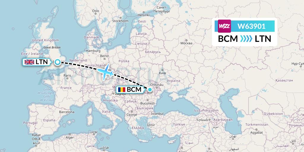 W63901 Wizz Air Flight Map: Bacau to London