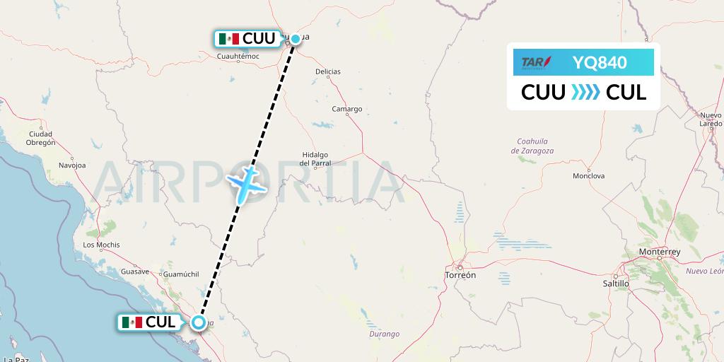 YQ840 TAR Aerolineas Flight Map: Chihuahua to Culiacan