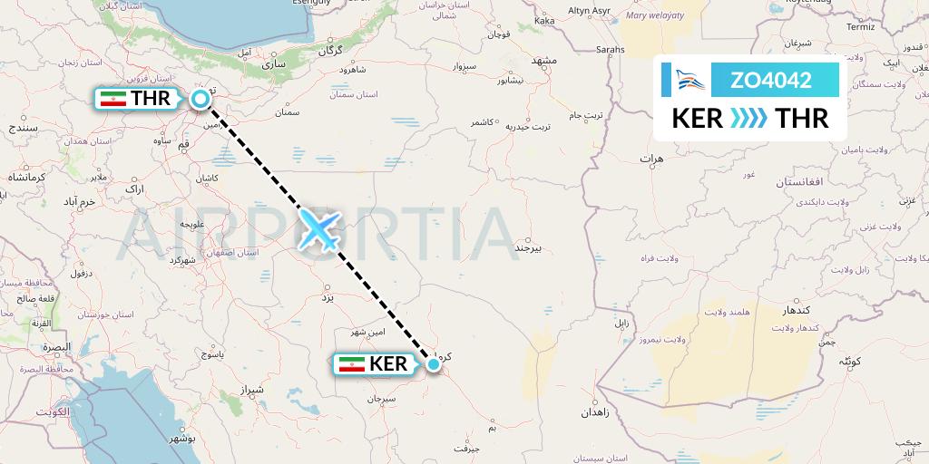 ZO4042 Zagros Airlines Flight Map: Kerman to Tehran