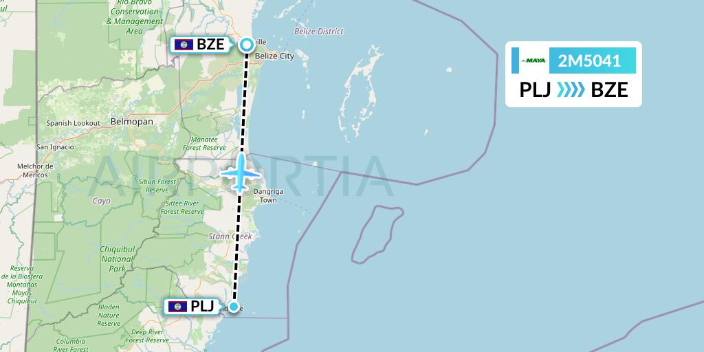 2M5041 Maya Island Air Flight Map: Placencia to Belize City