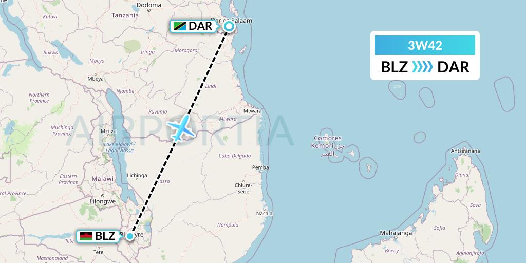 3W42 Malawian Airlines Flight Map: Blantyre to Dar-es-Salaam