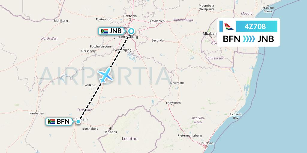 4Z708 Airlink Flight Map: Bloemfontein to Johannesburg