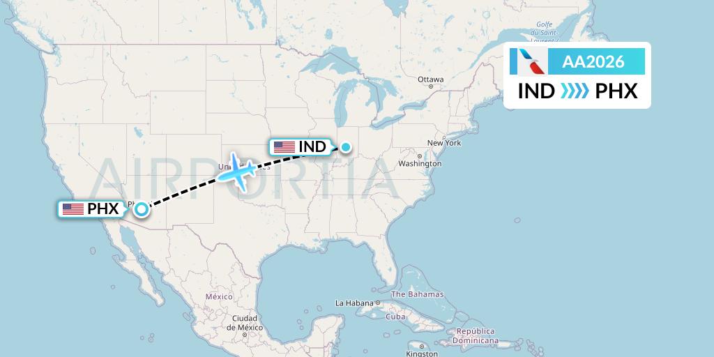 AA2026 American Airlines Flight Map: Indianapolis to Phoenix
