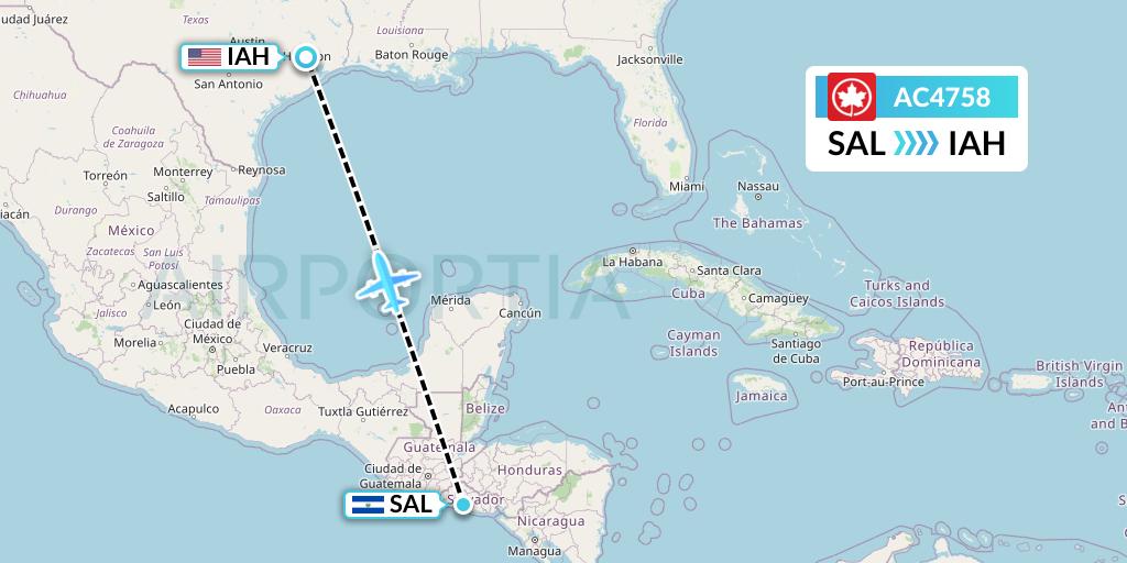 AC4758 Air Canada Flight Map: San Salvador to Houston