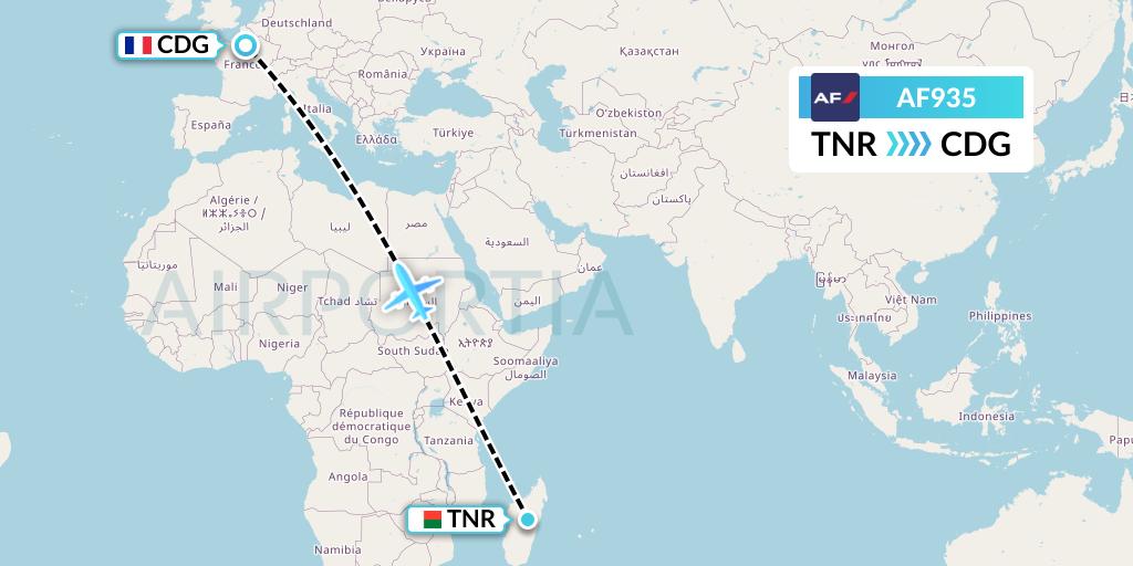 AF935 Air France Flight Map: Antananarivo to Paris