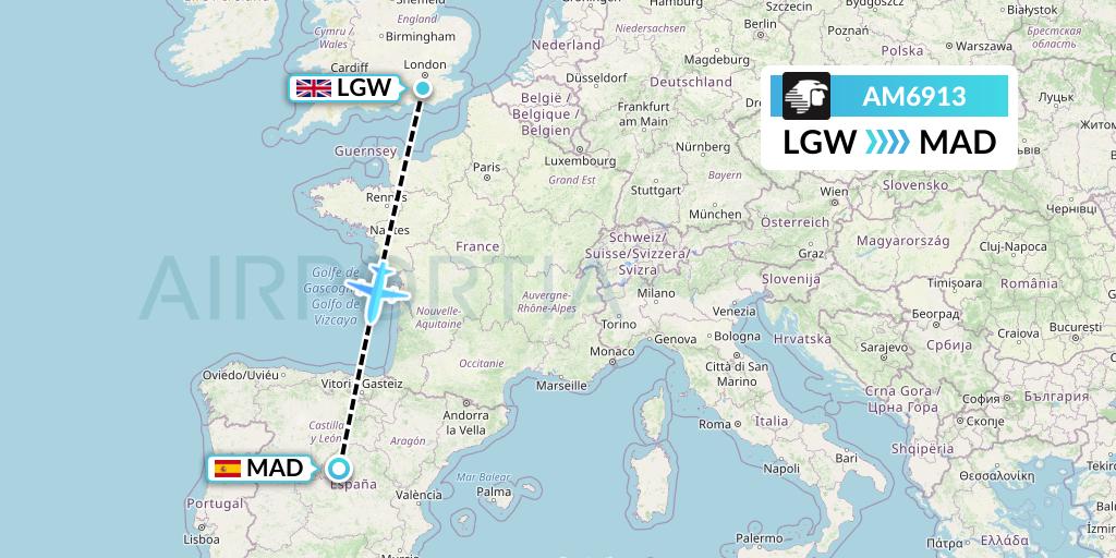 AM6913 Aeromexico Flight Map: London to Madrid