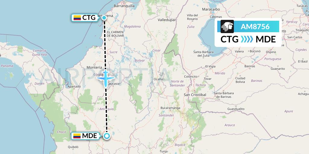 AM8756 Aeromexico Flight Map: Cartagena to Medellin