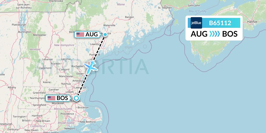 B65112 JetBlue Airways Flight Map: Augusta to Boston