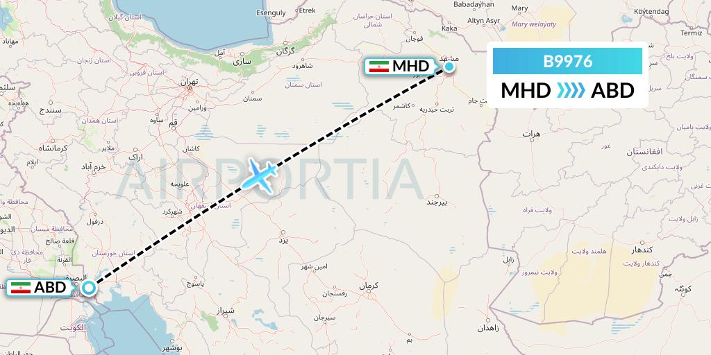 B9976 Iran Air Tours Flight Map: Mashhad to Abadan