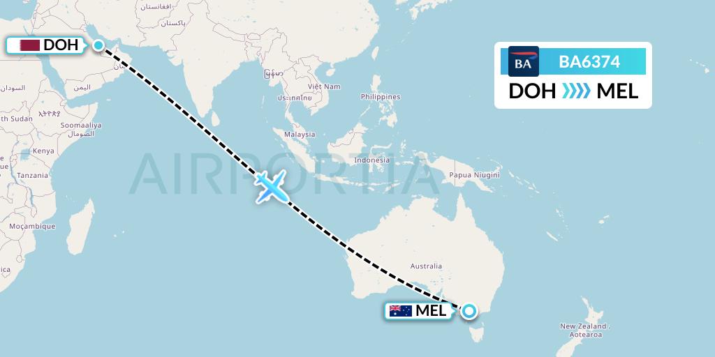 BA6374 British Airways Flight Map: Doha to Melbourne