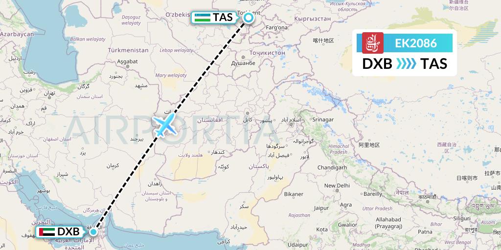 EK2086 Emirates Flight Map: Dubai to Tashkent