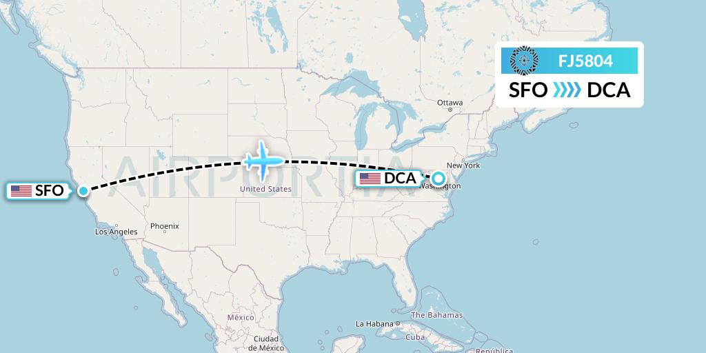 FJ5804 Fiji Airways Flight Map: San Francisco to Washington