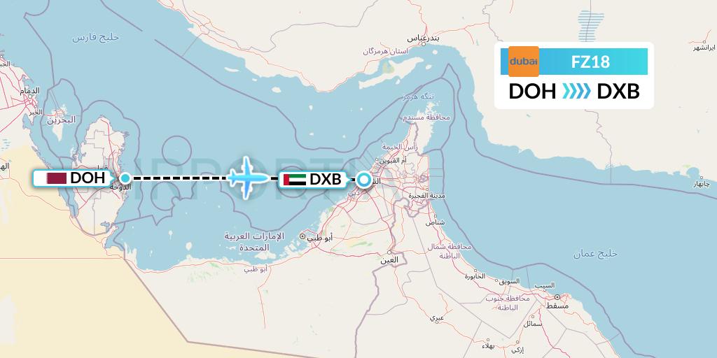 FZ18 FlyDubai Flight Map: Doha to Dubai