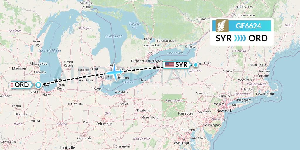 GF6624 Gulf Air Flight Map: Syracuse to Chicago