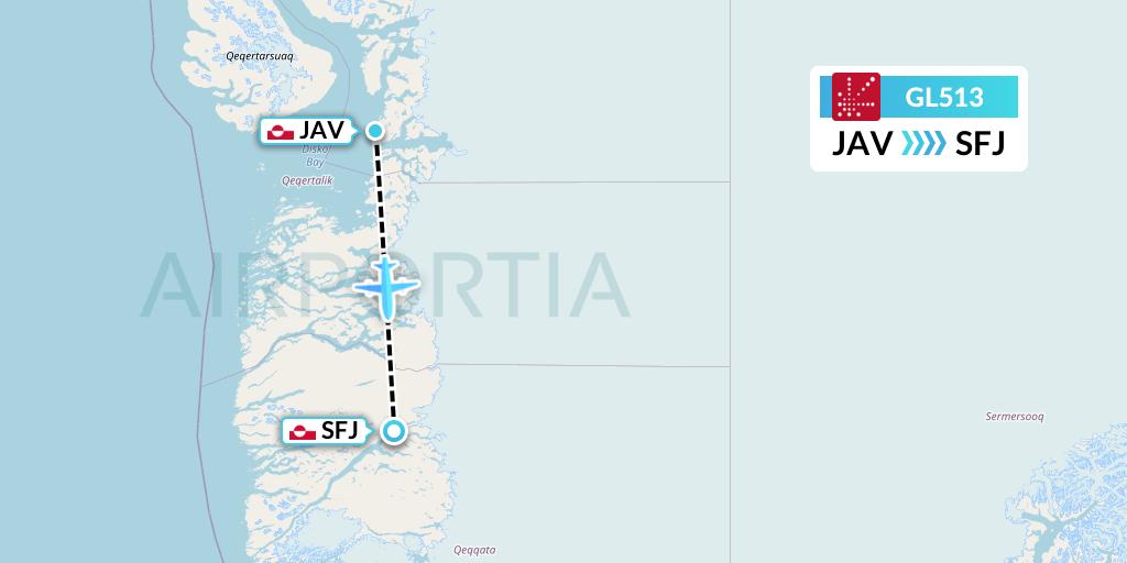 GL513 Air Greenland Flight Map: Ilulissat to Kangerlussuaq
