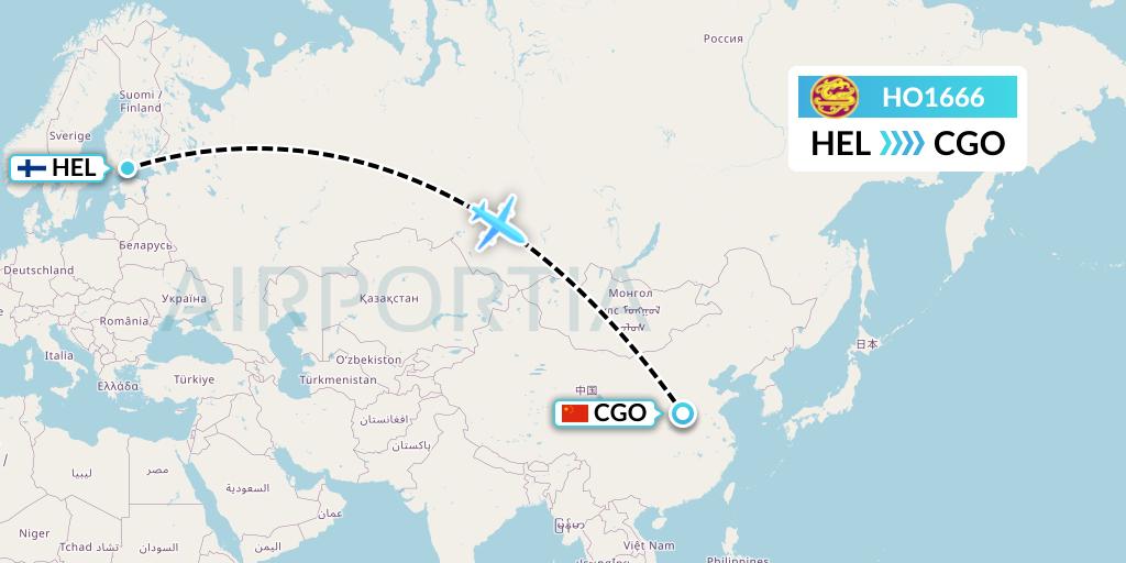 HO1666 Juneyao Airlines Flight Map: Helsinki to Zhengzhou