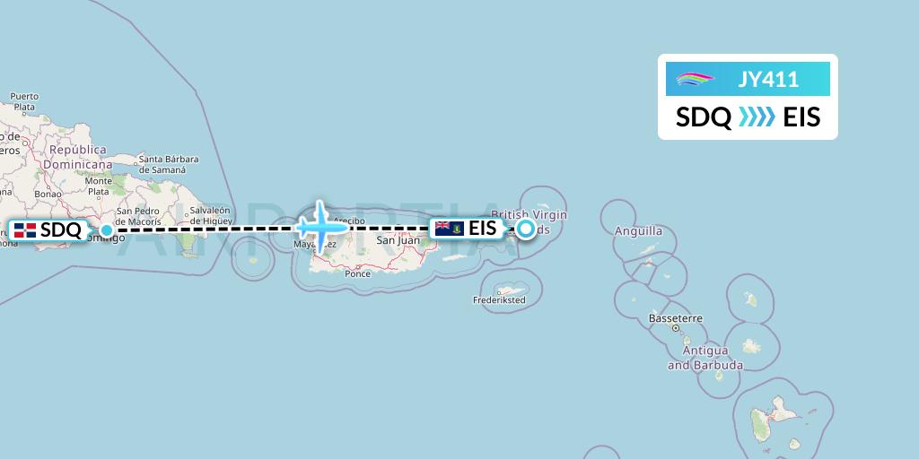 JY411 InterCaribbean Airways Flight Map: Santo Domingo to Beef Island